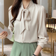 Finidongjue European French White Shirt Frauen langärmelte Bogen Chiffon Top Spring- und Herbst-Neutemperament Streamer-Basishemd Blau 9276 S _80-95jin [Jin ist 0,5 kg]