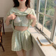 浪莎（langsha）带胸垫凉感睡衣女款夏季莫代尔短袖短裤休闲格子可外穿家居服套装 YNE-653 M