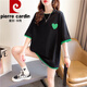 皮尔卡丹（pierre cardin）夏季假两件短袖t恤女纯·棉宽松刺绣上衣设计感中长款ins潮大尺码 1502蓝色 印花纯·棉 XL 140-165斤