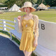 Yuyaman one-piece swimsuit for women in hot springs with blouse, two-piece skirt style, conservative belly covering, slimming, sun protection, beach vacation, yellow with blouse, one size fits all