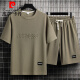 皮尔卡丹（pierre cardin）重磅华夫格短袖T恤男夏季宽松大码运动短裤套装工作服圆领透气潮 单件上衣-829军绿 M 建议90-110斤
