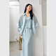 Vanciman Simple Shirt Anzug Rock für Frauen 2025 Sommer neutemperamentige Strickjacke Hosenteilrock Drei-teilige Set M9898 Blau Grün L.