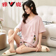 Yalu summer Korean women's pure cotton short-sleeved shorts pajamas wear casual and fresh cotton home clothes thin suit summer chest pad 12611 L (95-115Jin[Jin equals 0.5 kg])
