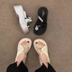 Belle pedal sponge cake thick-soled heightened toe slippers for women in summer wear 2025 new fairy Feng Shui Rhinestone Beach High Heel Sandals Black 35