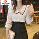 Pierre Cardin 2025 Spring and Autumn New Korean Style Fashionable V-neck Lace Ruffled Chiffon Shirt Elegant Super Fairy Top for Women Apricot V-neck Long Sleeves Soft Breathable Fabric Lined 2XL 125-150Jin Jin is equal to 0.5kg