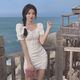 COLORFUL GEMS off-shoulder Polo neck dress Spring and autumn niche artistic short skirt 1047# blue S suggested 80-90Jin [Jin equals 0.5 kg]