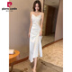 Pierre cardin spring and autumn small fragrance style v-neck dress for women 2025 new high-end satin dress suspender long skirt black dress L