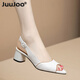 JuuJoo's temperament simple genuine leather fish mouth sandals for women's thick heels new summer French empty striped mid-heel sandals for women off-white 38