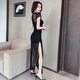 Huanyi Hip Mesh Perspektive Kleid Kleid Female Abendkleid Fußbad Fußmassage KTV Techniker Nachtclub Lang 13583 Schwarzer langer Rock S S