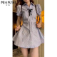 Vestido azul a rayas de estilo francés de algodón para mujeres en verano Camisa de cuello de polo de falda corta de cintura pequeña