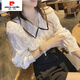Pierre Cardin 2025 Spring and Autumn New Korean Style Fashionable V-neck Lace Ruffled Chiffon Shirt Elegant Super Fairy Top for Women Apricot V-neck Long Sleeves Soft Breathable Fabric Lined 2XL 125-150Jin Jin is equal to 0.5kg