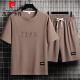 皮尔卡丹（pierre cardin）重磅华夫格短袖T恤男夏季宽松大码运动短裤套装工作服圆领透气潮 单件上衣-829军绿 M 建议90-110斤