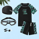 He Jiagong Teenage Children's Swimsuit Male Junior High School Student Exam Training Fat Boy Children's Swimming Cap and Swimming Goggles Three-piece Set Black and Green + Swimming Cap + Swimming Goggles Earplugs and Nose Clip S (45-65Jin Jin equals 0.5kg) 165