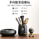 Puqi Black Pottery Sifang Laifu Tea Ceremony Six Gentlemen Round Ashtray Wukong Tea Pet Three-piece Set Tea Clamp Tea Spoon Pot Keeping Pen