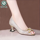 Woodpecker 2025 high-end pearl rhinestone fish mouth single shoes women's middle heel sandals for women in spring and summer new fashion with cheongsam women's shoes gold 34