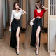 Buxi Kaiden Nachtclub sexy Kleid niedrig geschnittenes Temperament KTV Abendkleid Langes Fußbad Sauna Techniker Fußbad Arbeit Kleidung n 3882 Wein rot l