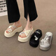 Belle pedal sponge cake thick-soled heightened toe slippers for women in summer wear 2025 new fairy Feng Shui Rhinestone Beach High Heel Sandals Black 35