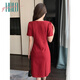
Halo Queen red short-sleeved dress for women summer French square collar engagement dress vacation red skirt H52Q024