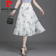 Pierre cardin 2025 summer new floral skirt for women with small fresh short skirt with large sway mesh printed A-line slim chiffon mid skirt 9906-8# One size (suggested 90-145Jin [Jin equals 0.5 kg])