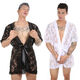 Jimujia Lace Floral Bathrobe Men's Sexy Transparent Mid-Length Pajamas Lace-up Bath Skirt Home Clothes Nightgown 1 piece black + 1 piece white + 2 pairs of thongs included 165-170M