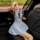 Vestido azul a rayas de estilo francés de algodón para mujeres en verano Camisa de cuello de polo de falda corta de cintura pequeña