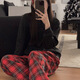 
S.SOFEA simple solid color pajamas for women in spring and autumn loose and comfortable home clothing set H897# Red Xiaoge 175 L