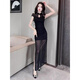 Técnico de masaje de Yingfu Temperamento de ropa de trabajo Fútbol flexible Spa Sexy Vestido de noche largo que cubre KTV Beauty Skirt 3882 Black S (se recomienda usar dentro de 90 Jin [Jin iguala 0.5 kg])