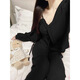 
FHHUABD French pure lace sexy women's pajamas with chest pad three-piece set spring and autumn bow suspender cardigan home clothes 677 cut men's lace three-piece set [with chest pad] M [Suggested 95 Jin [Jin equals 0.5 kg]]