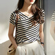 Pier Cardin French striped short-sleeved T-shirt for women in summer 2025 new loose slim v-neck thin knit sweater ice silk top DX829# striped color S recommended 85-99Jin [Jin equals 0.5 kg]