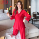 LangSha (LangSha) ice silk pajamas for women in spring and summer thin ice silk sexy charming two-piece set sexy ice silk home clothing set can be worn outside long sleeves 9856 light pink cover M [75-100Jin [Jin equals 0.5 kg]]