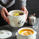 Household ceramic stew pot with lid, water-proof stew pot, crock pot, hotel restaurant special light luxury steaming pot soup bowl, plum blossom glaze medium flower paper 1 liter-Pangdundun