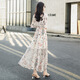 
Thin V-neck floral dress for women in 2025 summer new sweet waist-hugging long skirt for knees