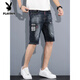 Playboy (PLAYBOY) Ripped Denim Shorts Men's Five-point Breeches Trendy Brand Ins Seven-point Mid-Pocket Trendy Half-point 5-point Pants Summer Thin K#869 Blue and Black [Five-point Micro-Boom] XL 32
