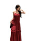 Pure sexy temperament V-neck design sense black ears big sling suspender dress long skirt women red dress L