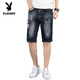 Playboy (PLAYBOY) Ripped Denim Shorts Men's Five-point Breeches Trendy Brand Ins Seven-point Mid-Pocket Trendy Half-point 5-point Pants Summer Thin K#869 Blue and Black [Five-point Micro-Boom] XL 32