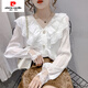 Pierre Cardin 2025 Spring and Autumn New Korean Style Fashionable V-neck Lace Ruffled Chiffon Shirt Elegant Super Fairy Top for Women Apricot V-neck Long Sleeves Soft Breathable Fabric Lined 2XL 125-150Jin Jin is equal to 0.5kg