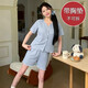 
S.SOFEA summer short-sleeved jacquard pajamas female princess style thin two-piece set Double short set DW683 blue flower (with chest pad) 180 XL (120-140Jin [Jin equals 0.5 kg])