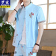 
Romon 2025 summer new men's Tang suit T-shirt Hanfu linen suit cotton linen Chinese style short-sleeved Buddhist clothes men blue T13 China [top + pants = 2 pieces in total] 2XL