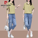 Pier Cardin Summer NUEVA Versión coreana Camisa de manga corta para mujeres Traje de jeans Versión suelta de la cintura elástica Conjunto de dos piezas 1429+5005K Khaki [set] 3xl [recomendado 145-160Jin [Jin iguala 0.5 kg]]