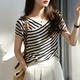 Pier Cardin French striped short-sleeved T-shirt for women in summer 2025 new loose slim v-neck thin knit sweater ice silk top DX829# striped color S recommended 85-99Jin [Jin equals 0.5 kg]