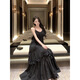 Pure sexy temperament V-neck design sense black ears big sling suspender dress long skirt women red dress L