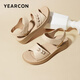 Yierkan Leather Shoes Women's Soft Sole Wedge Flat Shoes Middle-aged Mom Velcro Leather Sandals 11001W Apricot 38