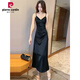 Pierre cardin spring and autumn small fragrance style v-neck dress for women 2025 new high-end satin dress suspender long skirt black dress L