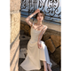 Zuxu white suspender dress for women 2025 new summer thin seaside vacation style mid-length skirt for women to look slim. White wide suspender dress for women. M (90-110Jin[Jin equals 0.5 kg])