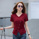 T-shirt à manches courtes de l'ourlet irrégulier à colme en V Magique T-shirt à manches courtes pour les femmes avec un t-shirt réducteur à la mode mince 6625 Angora Red L (105-115jin [Jin est égal à environ 0,5 kg]))