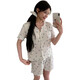
S.SOFEA summer short-sleeved jacquard pajamas female princess style thin two-piece set Double short set DW683 blue flower (with chest pad) 180 XL (120-140Jin [Jin equals 0.5 kg])