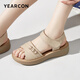 Yierkan Leather Shoes Women's Soft Sole Wedge Flat Shoes Middle-aged Mom Velcro Leather Sandals 11001W Apricot 38