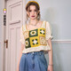 Fairy pocket chiffon spliced square collar crochet sweater for women 2024 spring and summer new puff sleeve short top Gentle pink M