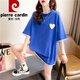 皮尔卡丹（pierre cardin）夏季假两件短袖t恤女纯·棉宽松刺绣上衣设计感中长款ins潮大尺码 1502蓝色 印花纯·棉 XL 140-165斤