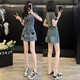 Kaizitu Kaizitu Sommer Neuer Frauenanzug kleine Tragen eine komplette Reihe modischer altersreduzierender Denim-Shorts 2957 Dunkelgraue Kleidung + 7022 gestickte Röcke m